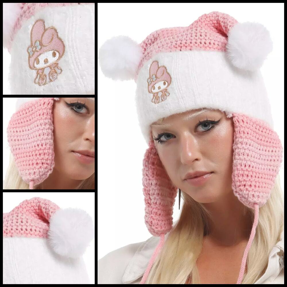 Hello Kitty MY MELODY BEANIE Soft Pink/White Pom/Ears/Tassel Adult/Juniors NEW!!